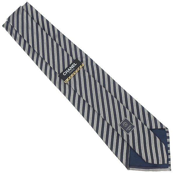 Chanel Necktie Striped 9.5cm (3.74in) Silk Gray and Navy Coco Mark