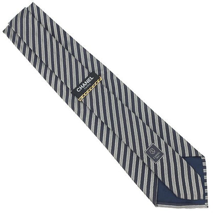 Chanel Necktie Striped 9.5cm (3.74in) Silk Gray and Navy Coco Mark