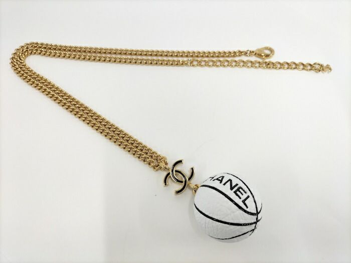 Chanel Necklace Basketball Motif Coco Mark Plated Gold White B24C