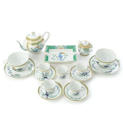 Hermes Toucan Teacups Saucers Pots Trays Dishes Cups Set of 6 White