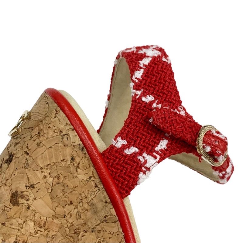 Chanel Sandals Shoes Tweed Cork Red White Unused Here Mark