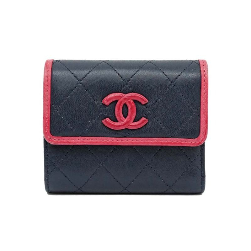 Chanel Trifold Wallet Quilted Bicolor Navy Pink Lambskin