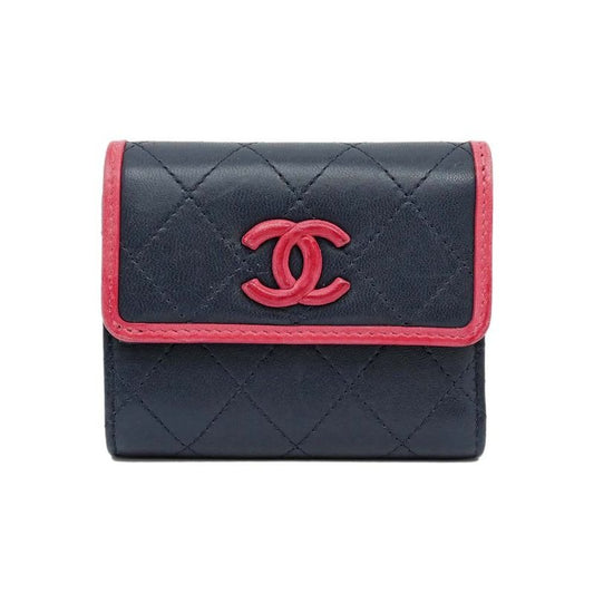 Chanel Trifold Wallet Quilted Bicolor Navy Pink Lambskin