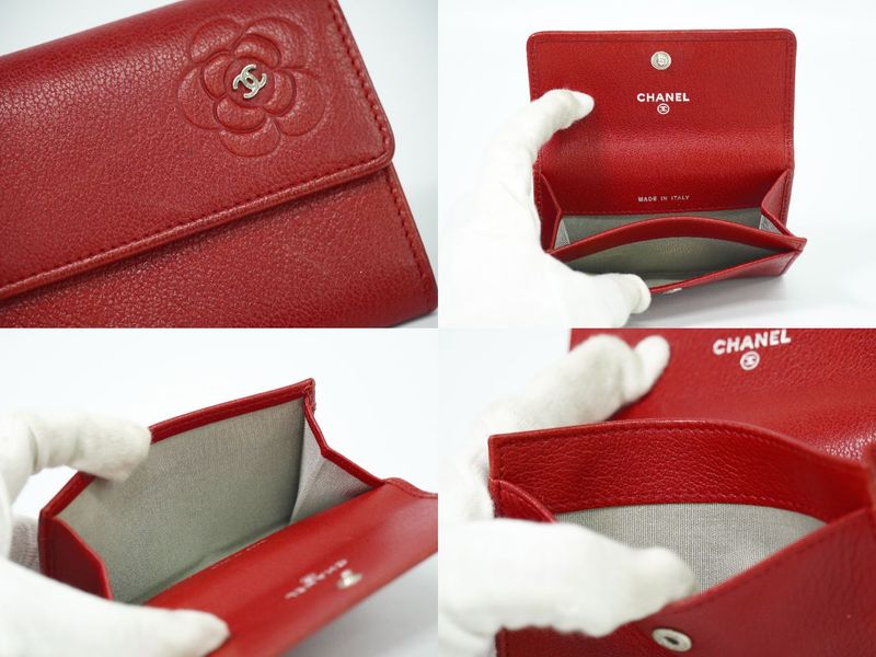 Authentic Chanel Coco Mark Camellia Card Case Business Card Holder Leather Red