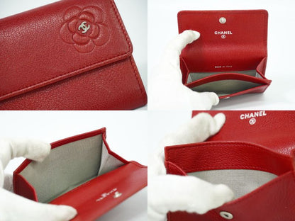 Authentic Chanel Coco Mark Camellia Card Case Business Card Holder Leather Red