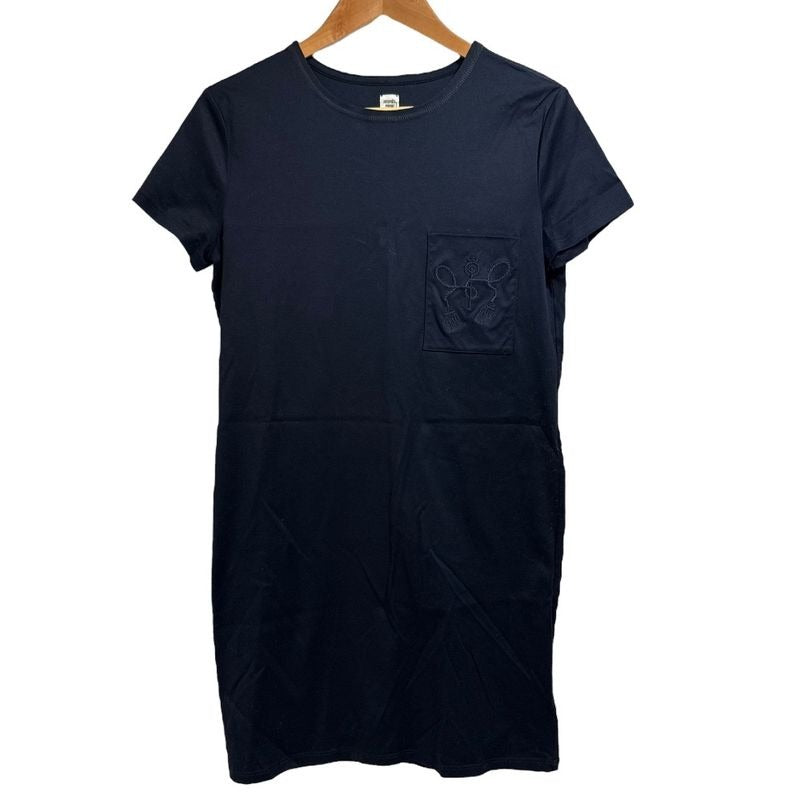 Hermes Embroidered Pockets Short Sleeves Knee Length Cut and Sewn Dress