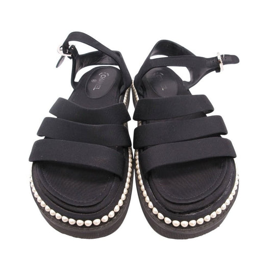 Chanel Footbed Sandals Shoes Grosgrain CC Logo Costume Pearl 36