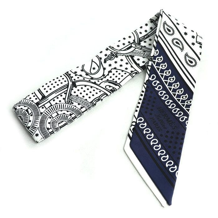 Hermes Twilly Eperon D' Or Golden Spur Scarf White Black Marine S 06