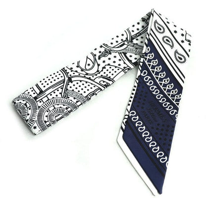 Hermes Twilly Eperon D' Or Golden Spur Scarf White Black Marine S 06