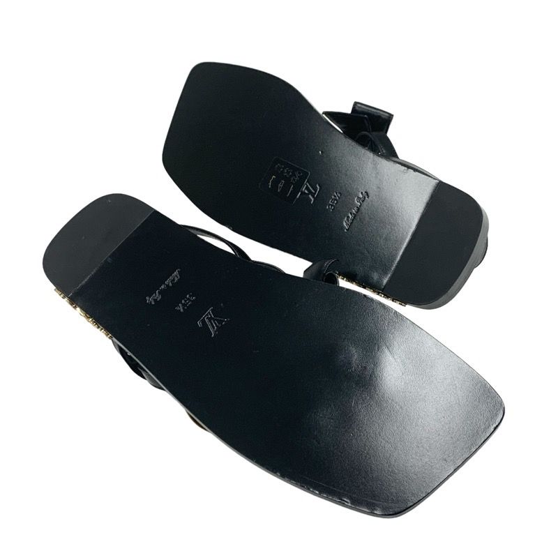 Louis Vuitton Peplum Line Sandals Shoes Leather Black Gold Black Ribbon Flat