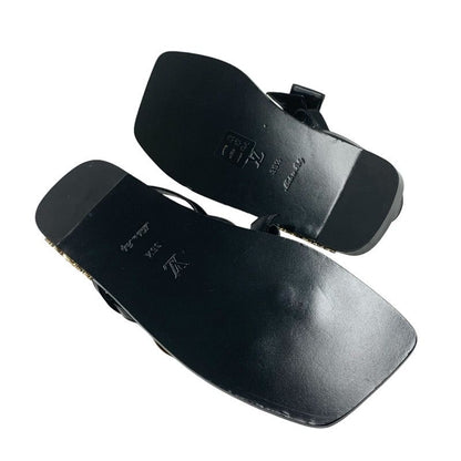 Louis Vuitton Peplum Line Sandals Shoes Leather Black Gold Black Ribbon Flat