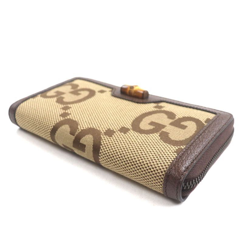 Gucci 658634 Bamboo Jumbo GG Canvas Leather Round Zipper Long Wallet Long