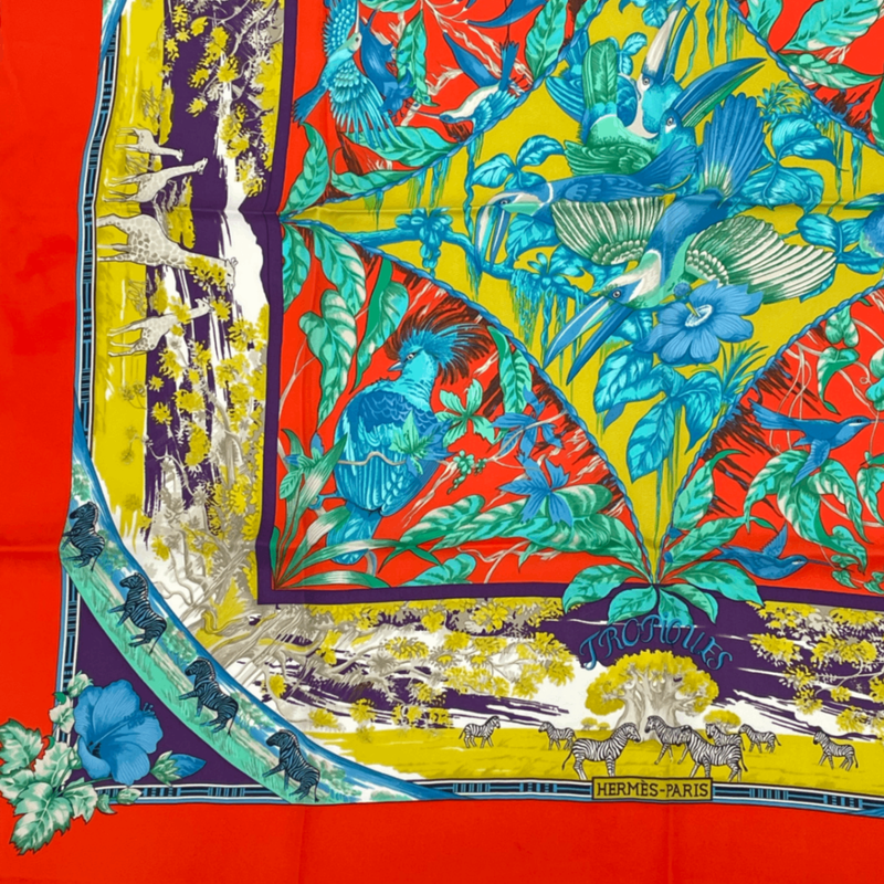 Hermes Tropioues Tropic Red Multicolor Silk Scarf