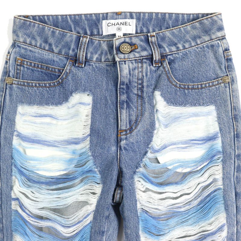 CHANEL P60217v46019 100% Cotton Coco Mark Button Damaged Tulle Cropped Denim