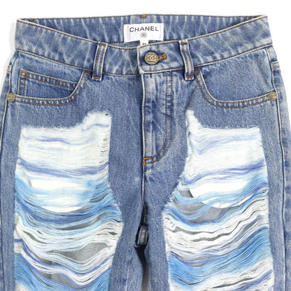 CHANEL P60217v46019 100% Cotton Coco Mark Button Damaged Tulle Cropped Denim
