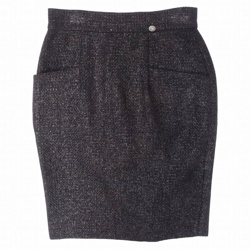 Chanel Tweed Skirt Tight Knee Length Coco Mark Plate Braided 14