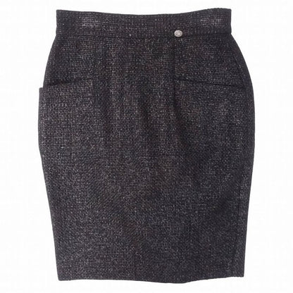Chanel Tweed Skirt Tight Knee Length Coco Mark Plate Braided 14