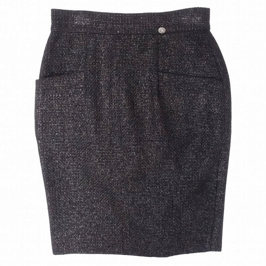 Chanel Tweed Skirt Tight Knee Length Coco Mark Plate Braided 14