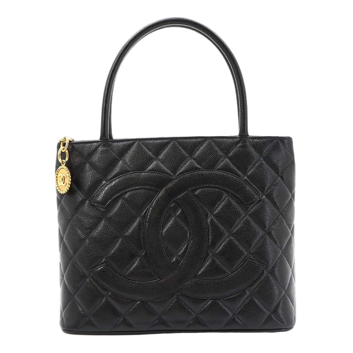 Chanel Medallion Tote Caviar Leather Black Gold Vintage