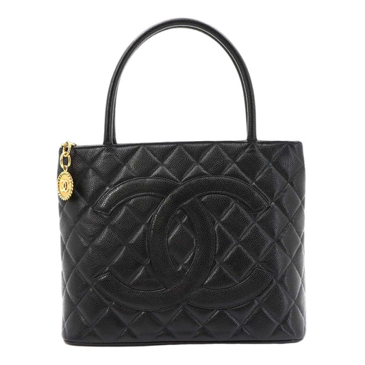 Chanel Medallion Tote Caviar Leather Black Gold Vintage