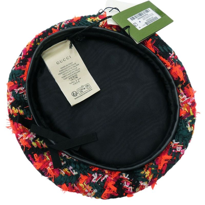 Gucci Tweed Check Beret With Ribbon GG Logo 729140 Wool Nylon Multicolor 1645