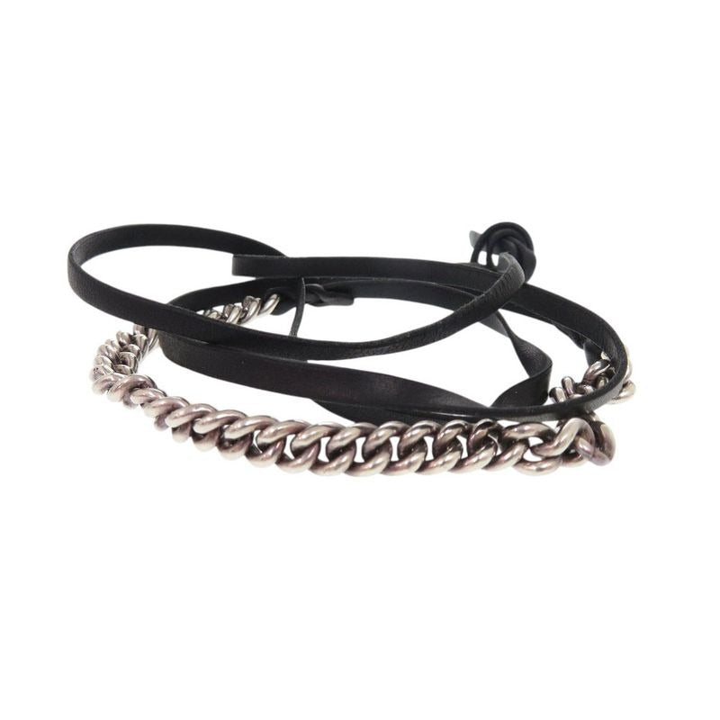 Hermes Vintage Chain Silver 925 Leather Bracelet Black 1312