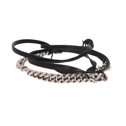 Hermes Vintage Chain Silver 925 Leather Bracelet Black 1312