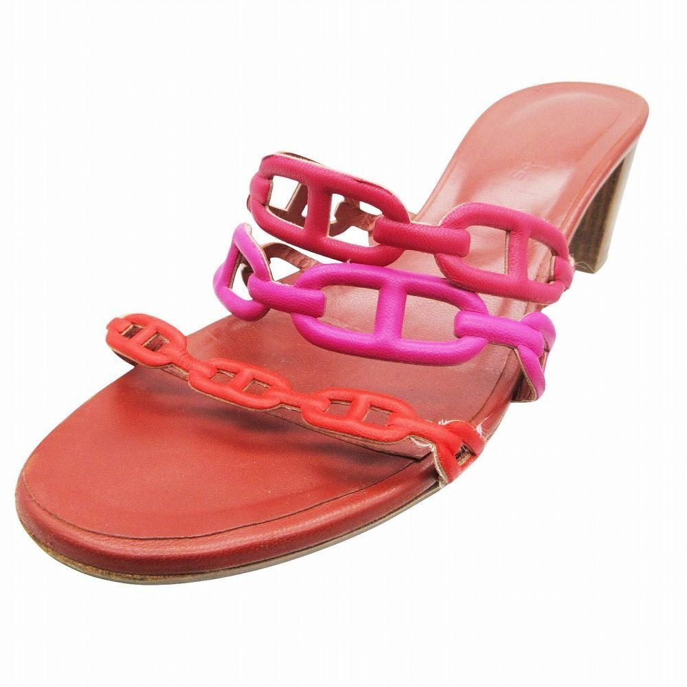 Hermes Chaine D'ancre Chunky Heel Sandals Shoes Red Purple 37.5