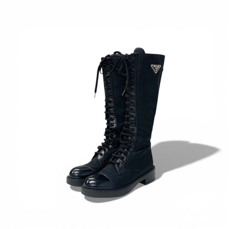 Prada Boots Long Shoes Nylon Brushed Leather Black Re-Nylon Triangle Logo
