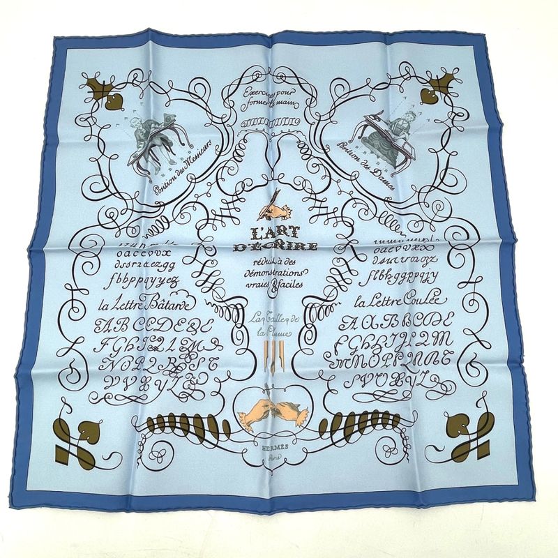 Hermes Calligraphy Art Scarf Silk Blue