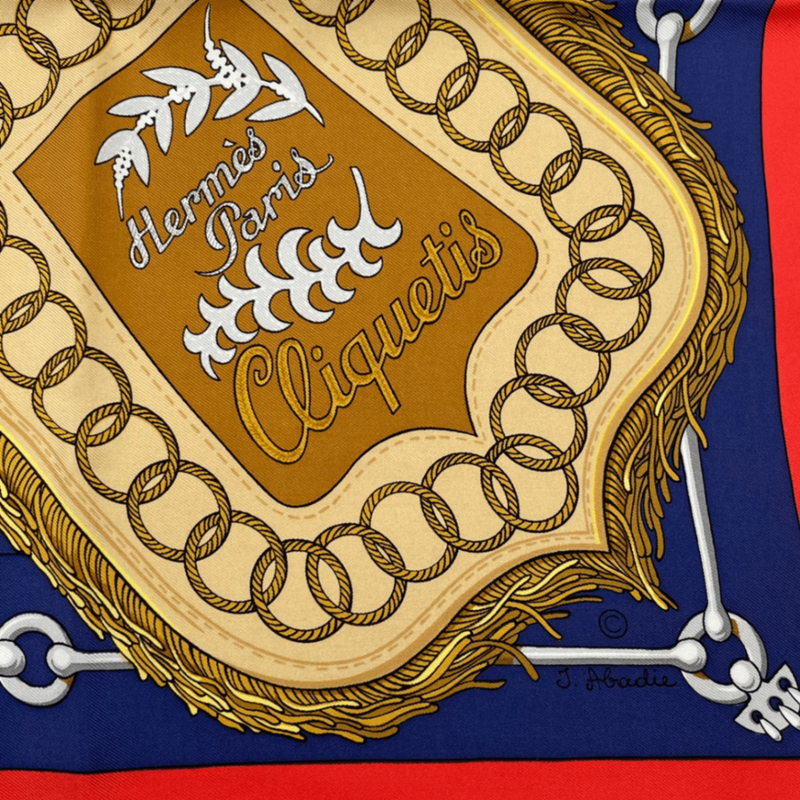 Hermes Scarf Carre 90 Cliquetis Camicie Sword Pattern Navy Red Gold Silk