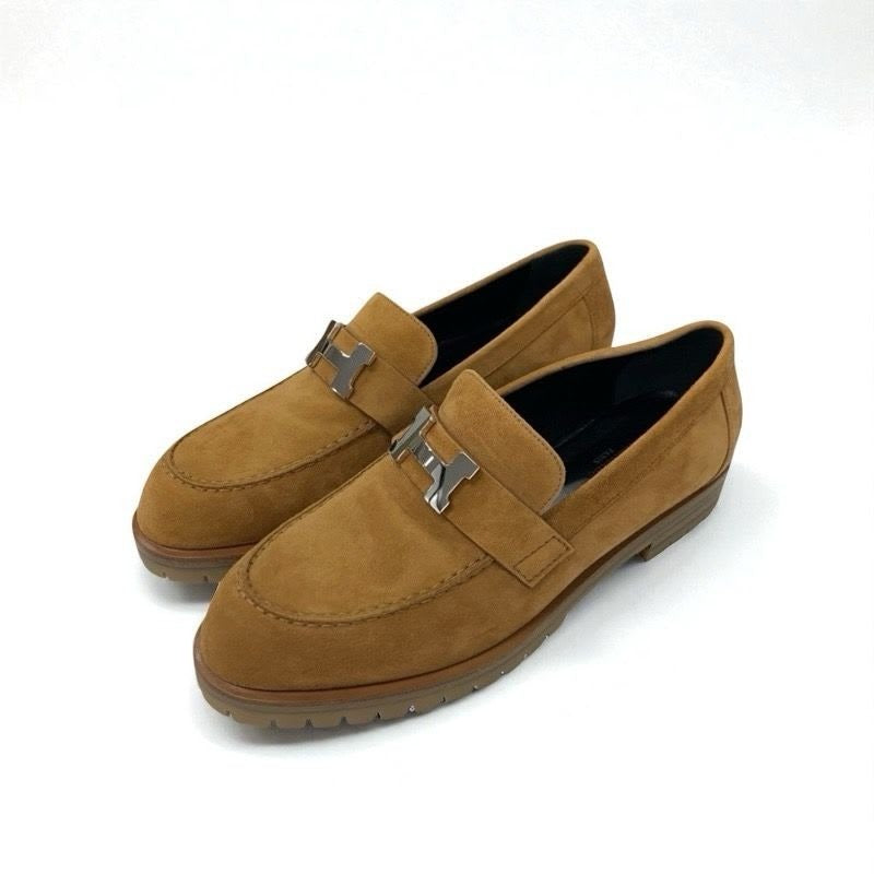 Hermes Faubourg Loafer Leather Shoes Suede Brown Silver Hhardware Moccasin Flat