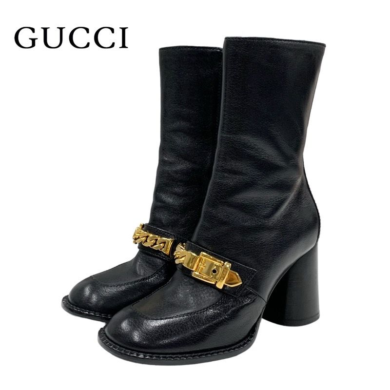 Gucci Boots Short Boots Shoes Leather Black Gold Chain Belt