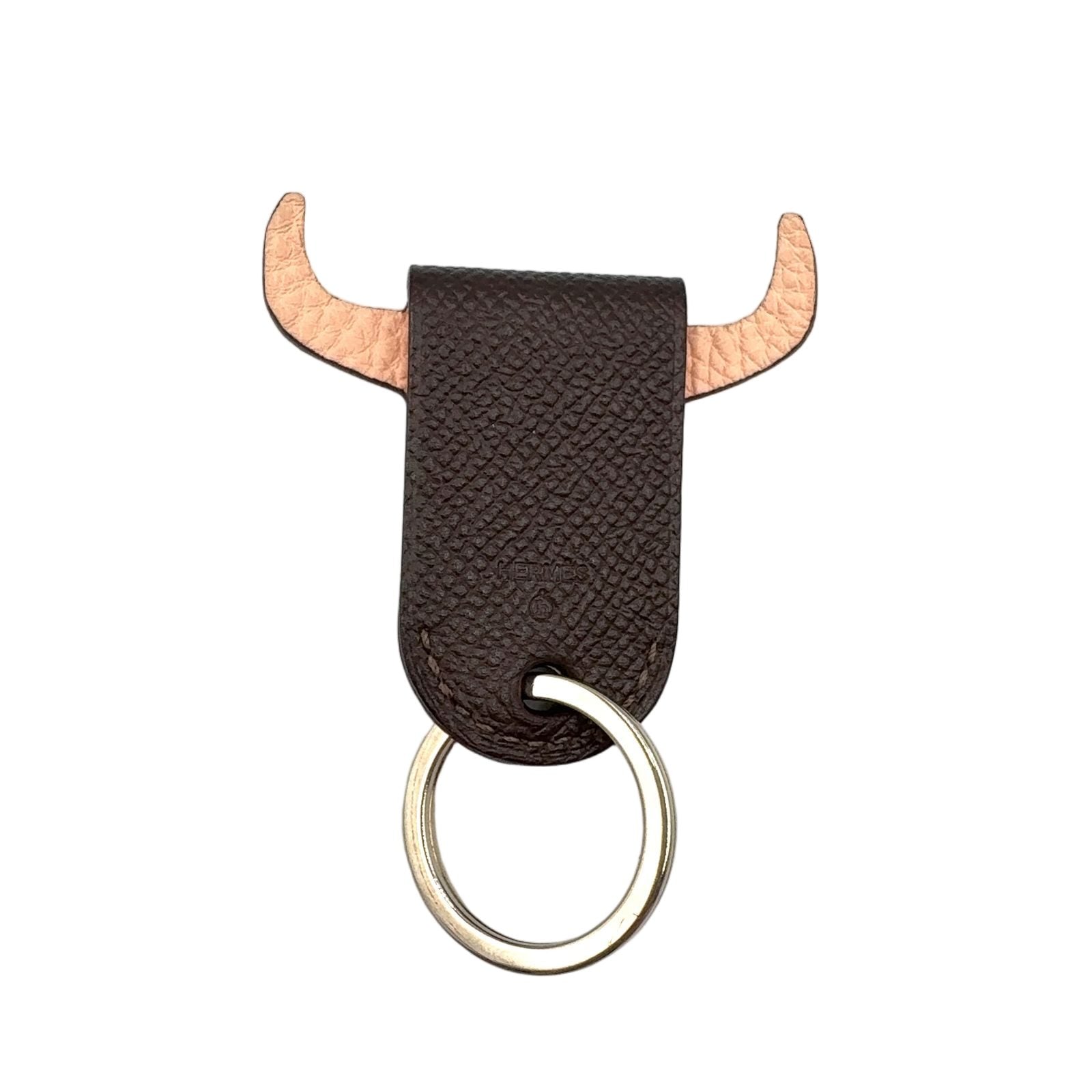 Hermes Petit Ash Porte Cles Toro Bull Key Ring Leather Metal Silver Pink Beige