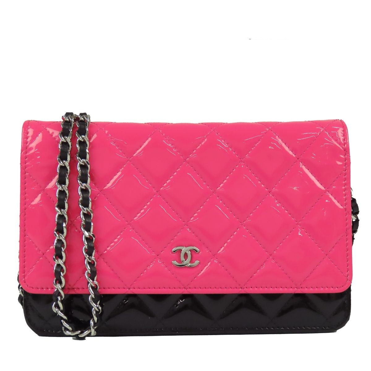 Chanel Chain Wallet Pink Black Silver Patent Leather Patent Shoulder Bag