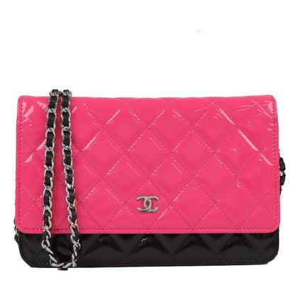 Chanel Chain Wallet Pink Black Silver Patent Leather Patent Shoulder Bag