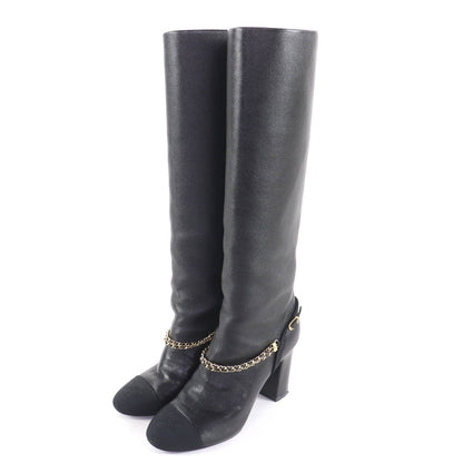 Chanel CC Logo Chain Decoration Chunky Heel Leather Long Boots