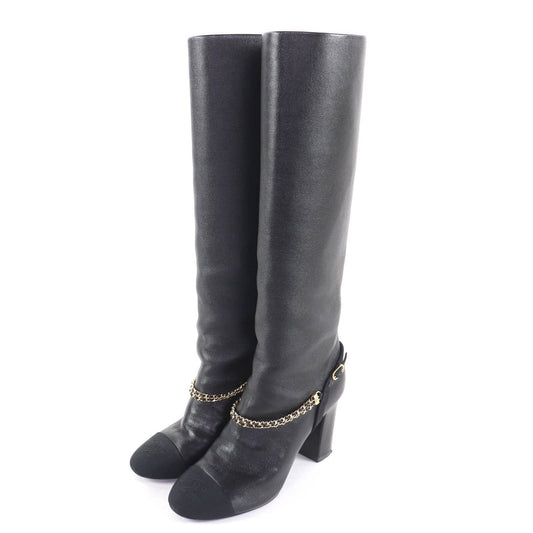 Chanel CC Logo Chain Decoration Chunky Heel Leather Long Boots