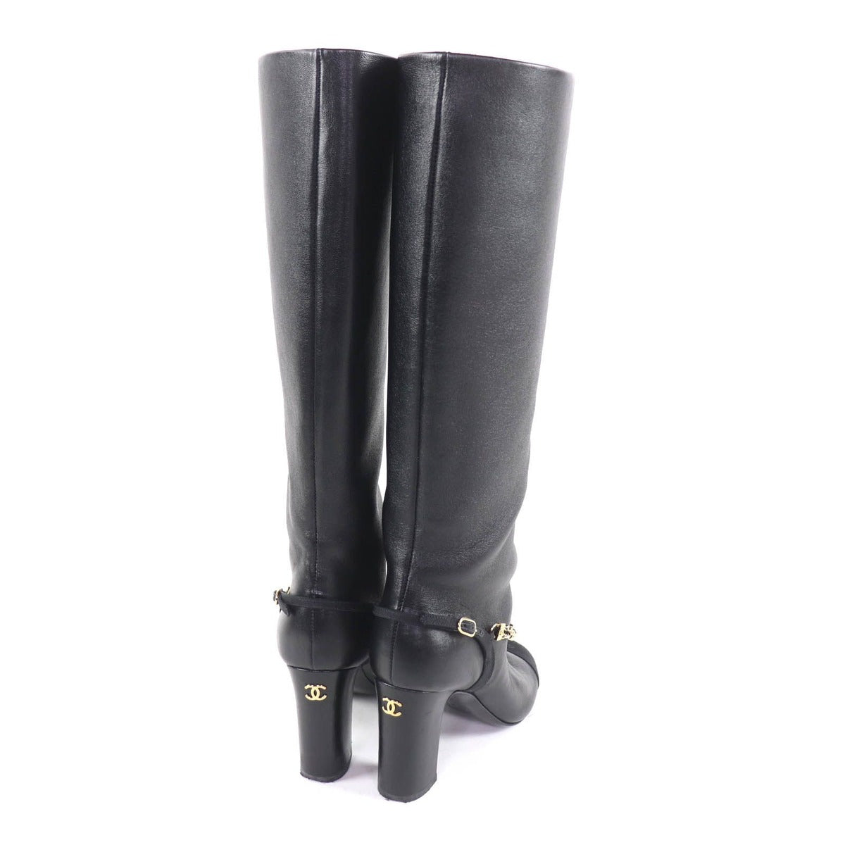 Chanel CC Logo Chain Decoration Chunky Heel Leather Long Boots — view 3