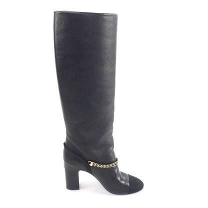 Chanel CC Logo Chain Decoration Chunky Heel Leather Long Boots — view 6