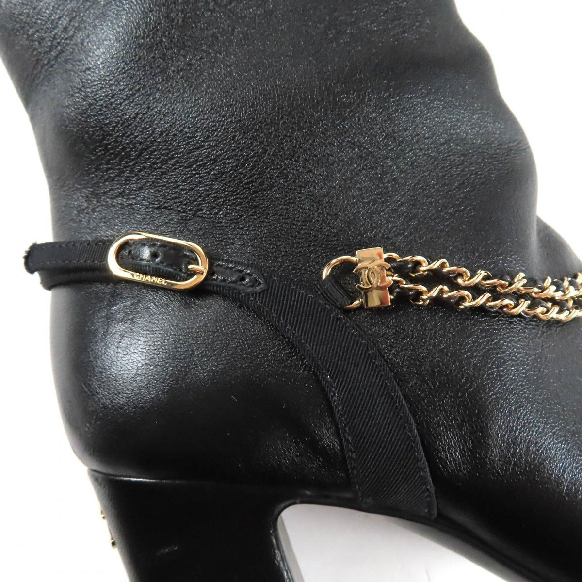 Chanel CC Logo Chain Decoration Chunky Heel Leather Long Boots — view 10