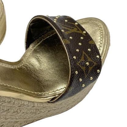 Louis Vuitton Starboard Line Monogram Sandals Shoes Leather Gold Brown Wedge