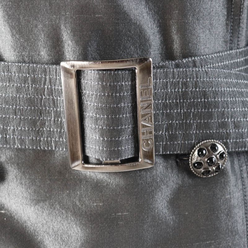 CHANEL 08A P33859 100% Silk Logo Buckle Mid Length Trench Coat Gray 38 Made In