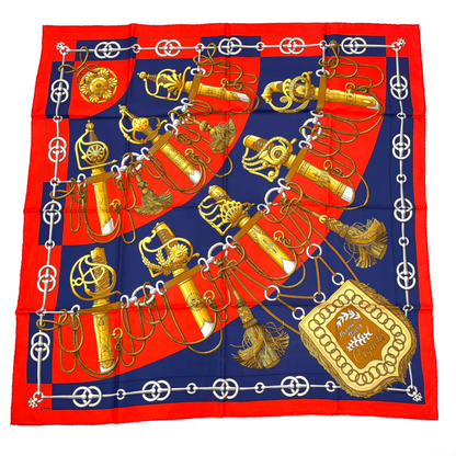 Hermes Scarf Carre 90 Cliquetis Camicie Sword Pattern Navy Red Gold Silk