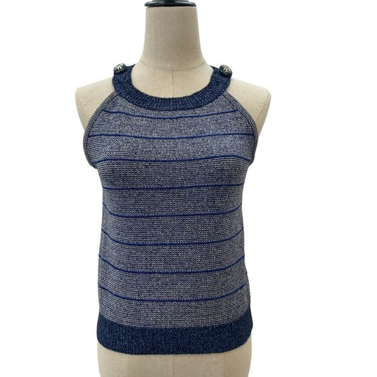 Chanel Coco Mark Button Lame Cashmere Silk Blend Sleeveless Knit Sweater