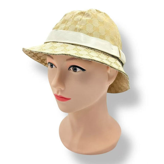 Gucci Bucket Hat Leather GG Canvas Beige