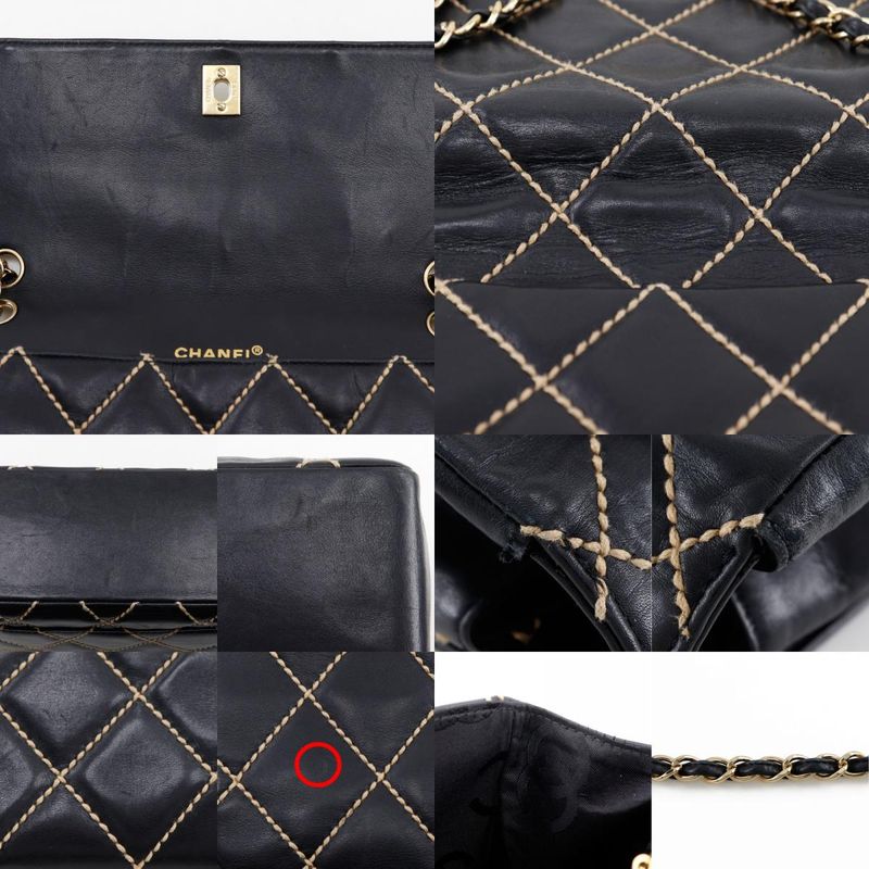 Chanel Wild Stitch Double Chain Shoulder Leather Black Women's Shoulder Bag