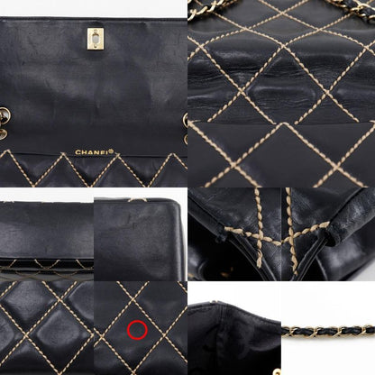 Chanel Wild Stitch Double Chain Shoulder Leather Black Women's Shoulder Bag