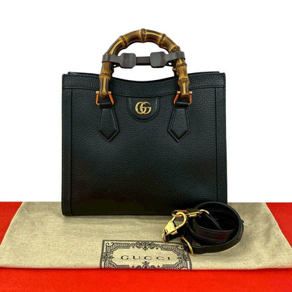 Gucci Diana Small Bamboo GG Logo Leather 2-Way Shoulder Bag Black