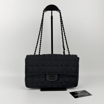 Chanel CC Logo New Travel Chain Shoulder Bag Black Nylon Vintage